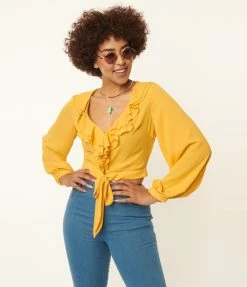 Sale Unique Vintage Mustard Ruffled & Ready Crop Top