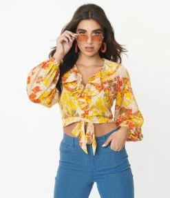 Sale Unique Vintage Yellow & Orange Floral Ruffled & Ready Crop Top