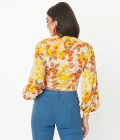 Sale Unique Vintage Yellow & Orange Floral Ruffled & Ready Crop Top