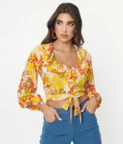 Sale Unique Vintage Yellow & Orange Floral Ruffled & Ready Crop Top
