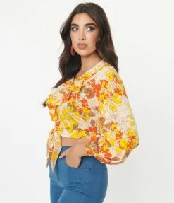 Sale Unique Vintage Yellow & Orange Floral Ruffled & Ready Crop Top