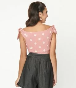 Unique Vintage Pink & Daisy Print Violet Top