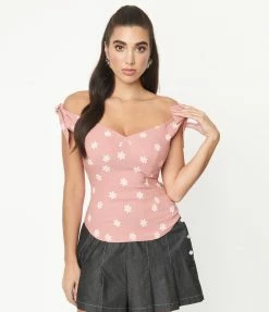 Unique Vintage Pink & Daisy Print Violet Top