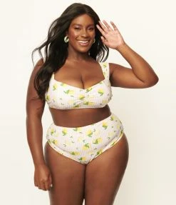 Unique Vintage Plus Size Light Pink Stripes & Lemons Ruched & Ready Swim Top Swimwear