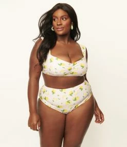 Unique Vintage Plus Size Light Pink Stripes & Lemons Ruched & Ready Swim Top Swimwear