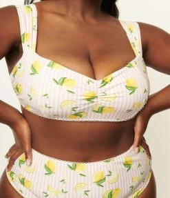 Unique Vintage Plus Size Light Pink Stripes & Lemons Ruched & Ready Swim Top Swimwear