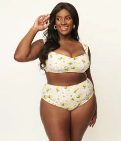 Unique Vintage Plus Size Light Pink Stripes & Lemons Ruched & Ready Swim Top Swimwear