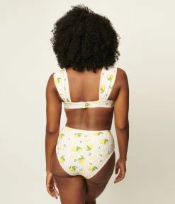 Unique Vintage Light Pink Stripes & Lemons Ruched & Ready Swim Top Swimwear