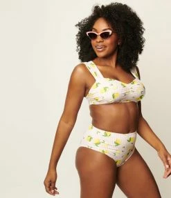 Unique Vintage Light Pink Stripes & Lemons Ruched & Ready Swim Top Swimwear