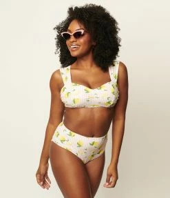 Unique Vintage Light Pink Stripes & Lemons Ruched & Ready Swim Top Swimwear