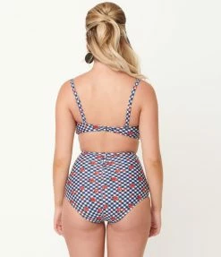 Swimwear Unique Vintage Navy Gingham & Ladybug Print High Waist Louise Swim Bottom