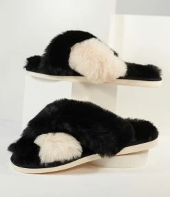 Faire (Shiraleah) Flats Black & Ivory Fuzzy Cross Strap Slippers