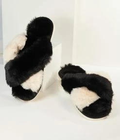 Faire (Shiraleah) Flats Black & Ivory Fuzzy Cross Strap Slippers