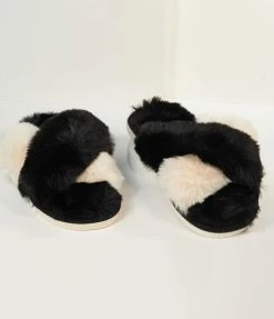 Faire (Shiraleah) Flats Black & Ivory Fuzzy Cross Strap Slippers