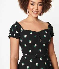 New Arrivals! Unique Vintage Black & Pink Strawberry Print Ohara Swing Dress