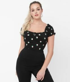 Sale Unique Vintage Black & Pink Strawberry Print Loretta Top