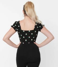 Sale Unique Vintage Black & Pink Strawberry Print Loretta Top