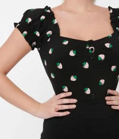 Sale Unique Vintage Black & Pink Strawberry Print Loretta Top
