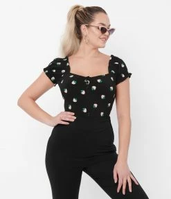 Sale Unique Vintage Black & Pink Strawberry Print Loretta Top