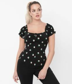 Sale Unique Vintage Black & Pink Strawberry Print Loretta Top