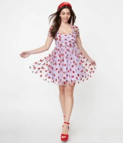 Sale Unique Vintage Lavender & Red Glitter Strawberry Print Heart & Soul Babydoll Dress