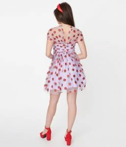 Sale Unique Vintage Lavender & Red Glitter Strawberry Print Heart & Soul Babydoll Dress