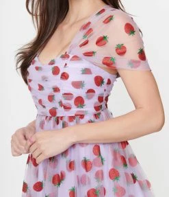 Sale Unique Vintage Lavender & Red Glitter Strawberry Print Heart & Soul Babydoll Dress
