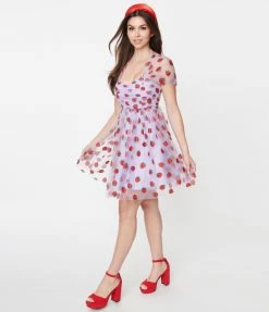 Sale Unique Vintage Lavender & Red Glitter Strawberry Print Heart & Soul Babydoll Dress