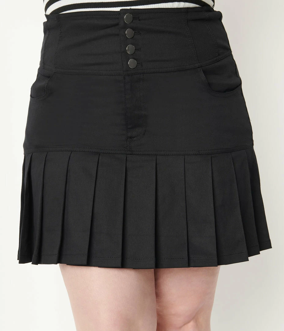 Unique Vintage Plus Size Black Denim Pleated Serena Mini Skirt