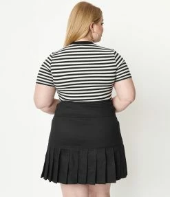 Unique Vintage Plus Size Black Denim Pleated Serena Mini Skirt
