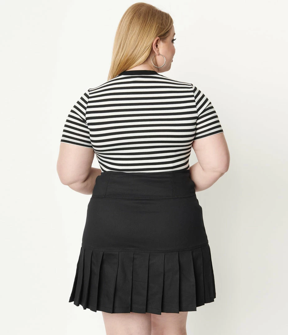 Unique Vintage Plus Size Black Denim Pleated Serena Mini Skirt