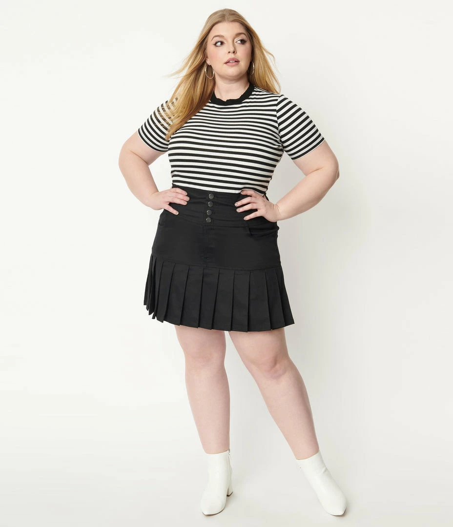 Unique Vintage Plus Size Black Denim Pleated Serena Mini Skirt