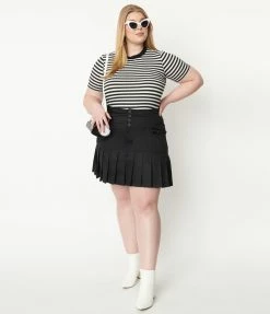 Unique Vintage Plus Size Black Denim Pleated Serena Mini Skirt