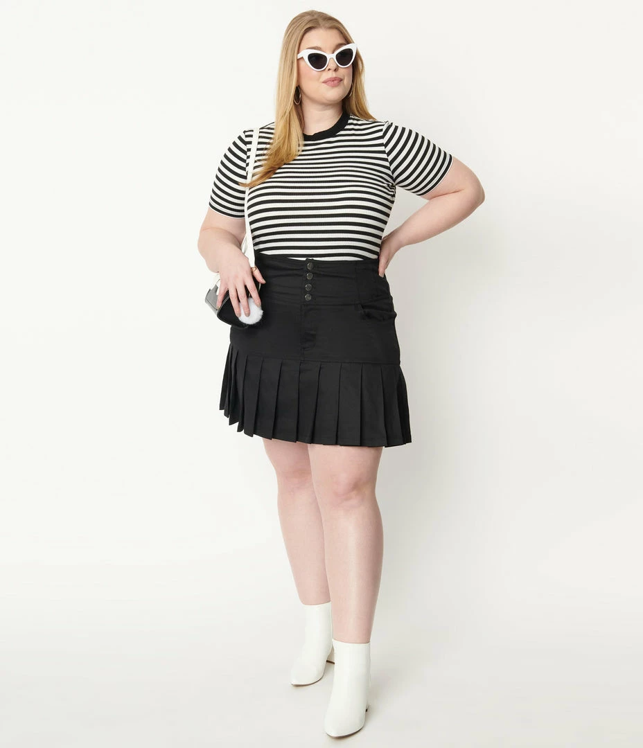 Unique Vintage Plus Size Black Denim Pleated Serena Mini Skirt