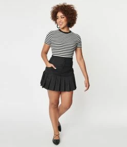 Unique Vintage Black Denim Pleated Serena Mini Skirt Sale