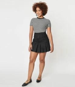 Unique Vintage Black Denim Pleated Serena Mini Skirt Sale