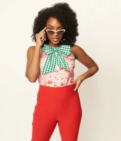 Unique Vintage Pink & Mushroom Print Paulson Top