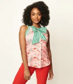 Unique Vintage Pink & Mushroom Print Paulson Top