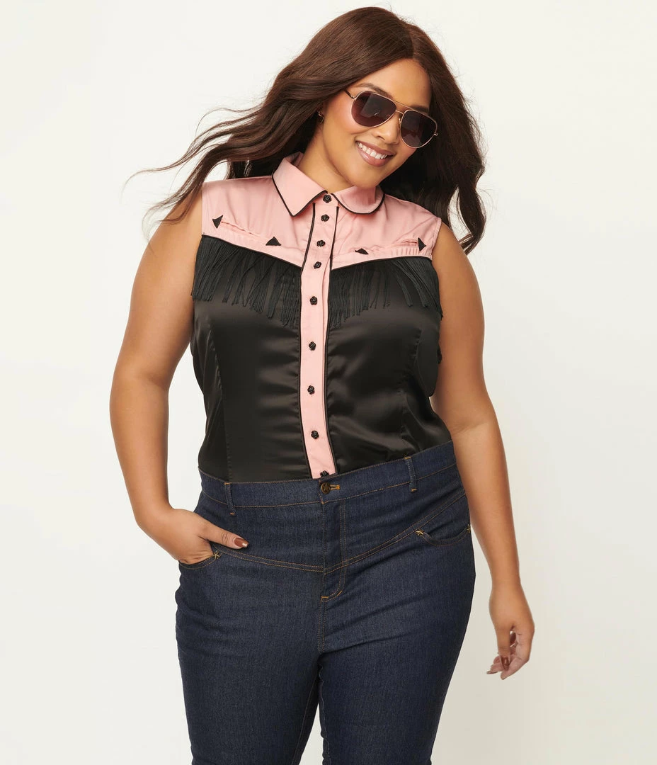 Sale Unique Vintage Plus Size Black & Pink Western Prairie Girl Blouse