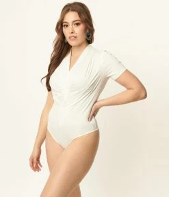 Sale Unique Vintage 1950s Ivory Gathered Neckline Darling Diva Bodysuit