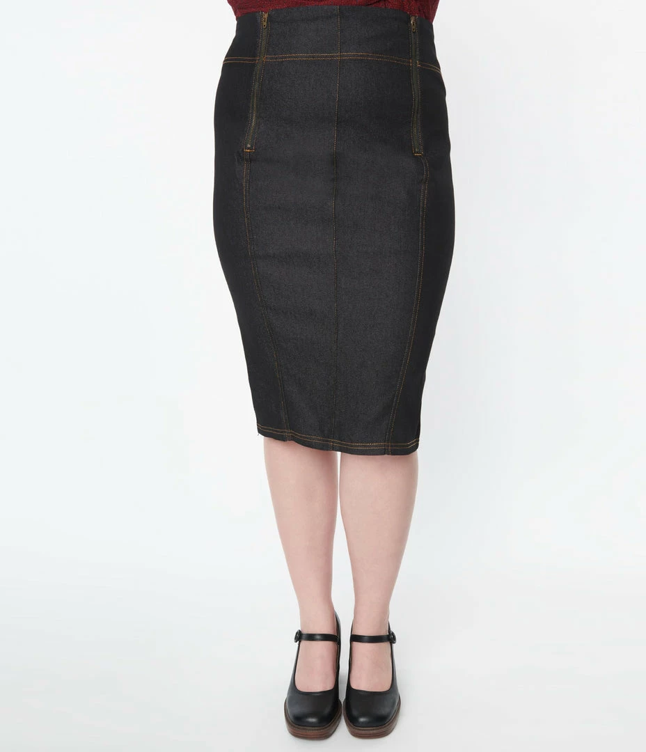 Unique Vintage Plus Size 1950s Black Denim Summer Lovin Pencil Skirt