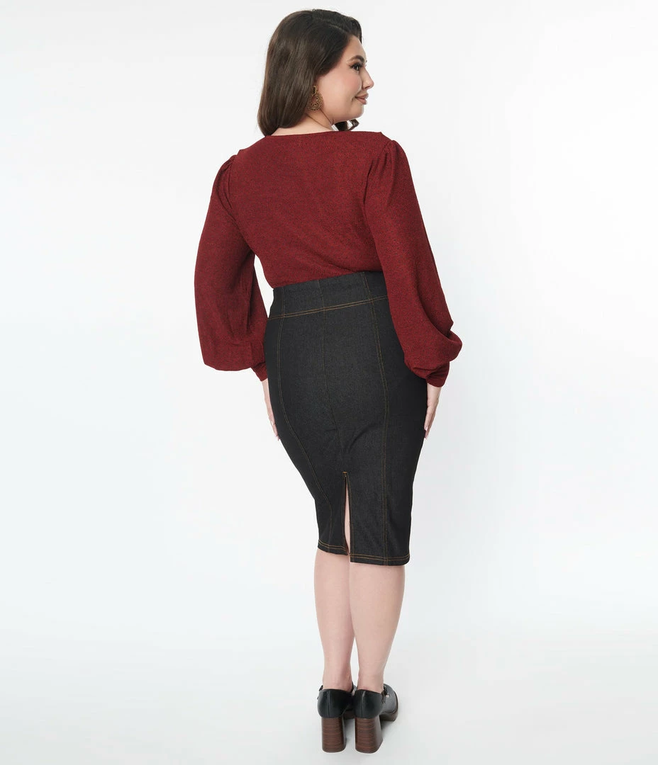 Unique Vintage Plus Size 1950s Black Denim Summer Lovin Pencil Skirt