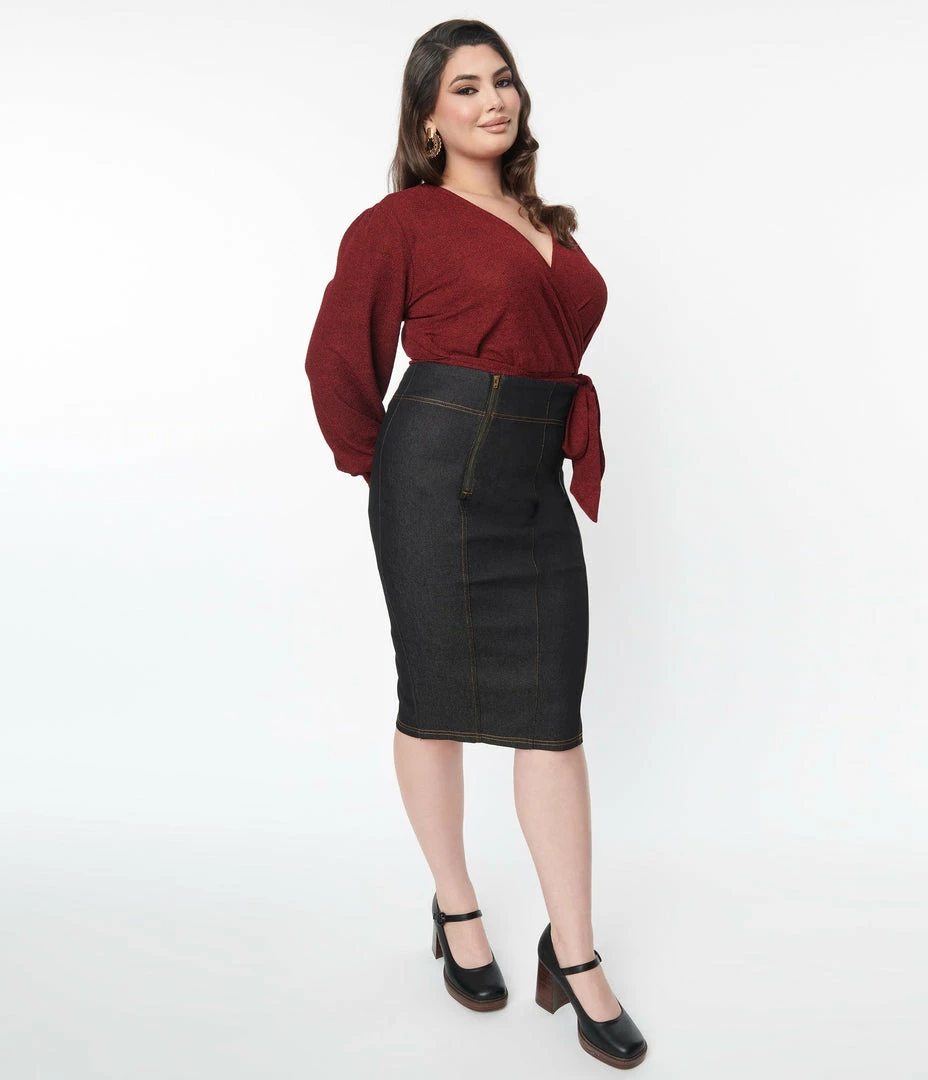 Unique Vintage Plus Size 1950s Black Denim Summer Lovin Pencil Skirt