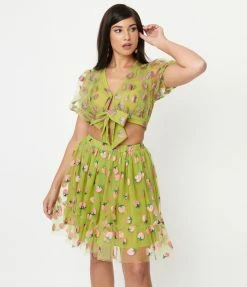 Sale Smak Parlour Avocado & Pink Strawberry Roller Queen Crop Blouse