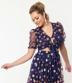 Smak Parlour Navy & Pink Strawberry Roller Queen Crop Blouse