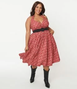 Sale Unique Vintage Plus Size 1950s Red Bandana Print Tarrytown Hostess Dress