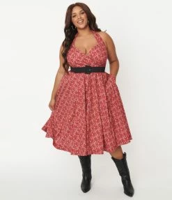 Sale Unique Vintage Plus Size 1950s Red Bandana Print Tarrytown Hostess Dress