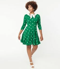 Sale Unique Vintage Green & White Polka Dot Collared Wednesday Flare Dress