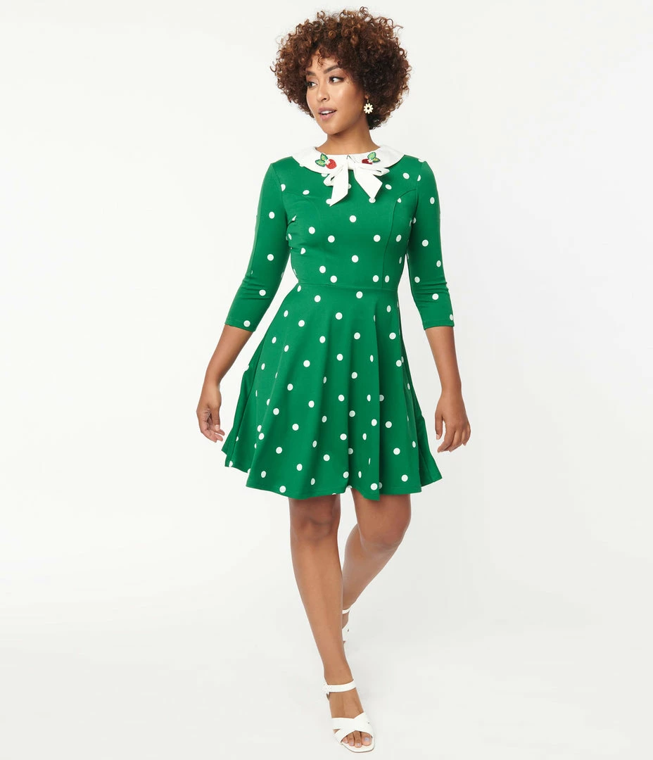 Sale Unique Vintage Green & White Polka Dot Collared Wednesday Flare Dress