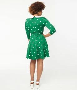 Sale Unique Vintage Green & White Polka Dot Collared Wednesday Flare Dress